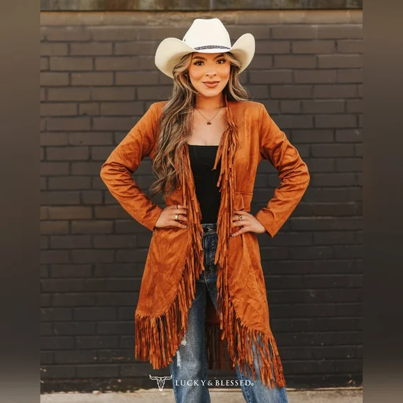 NWT Camel Faux Suede Jacket Blazer With Fringed Hem With Pockets - Picture 1 of 4